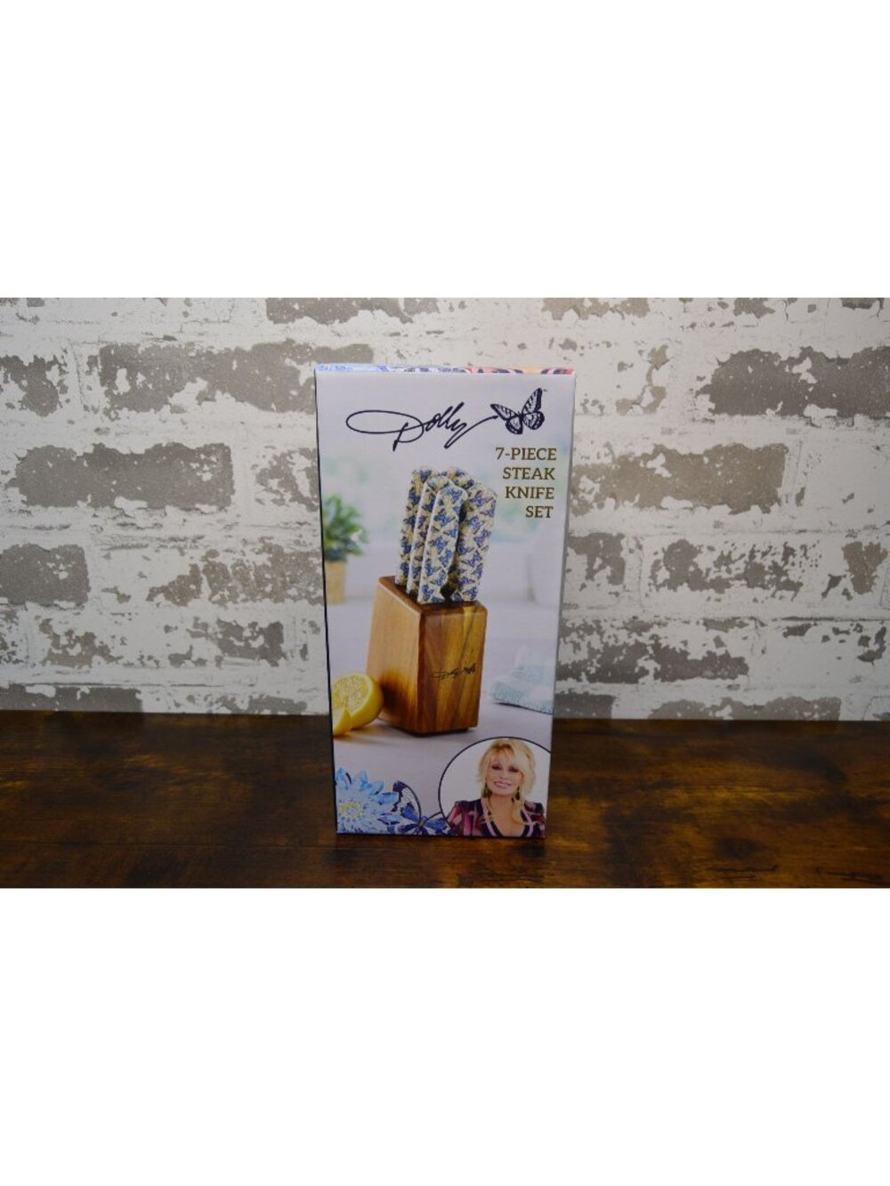 Dolly Parton 7-Piece Steak Knife Set Acacia Wood Block Blue Butterflies
